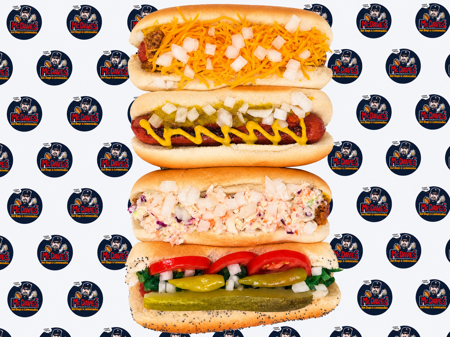 Four McDave’s hotdogs lined up on McDave’s logo background